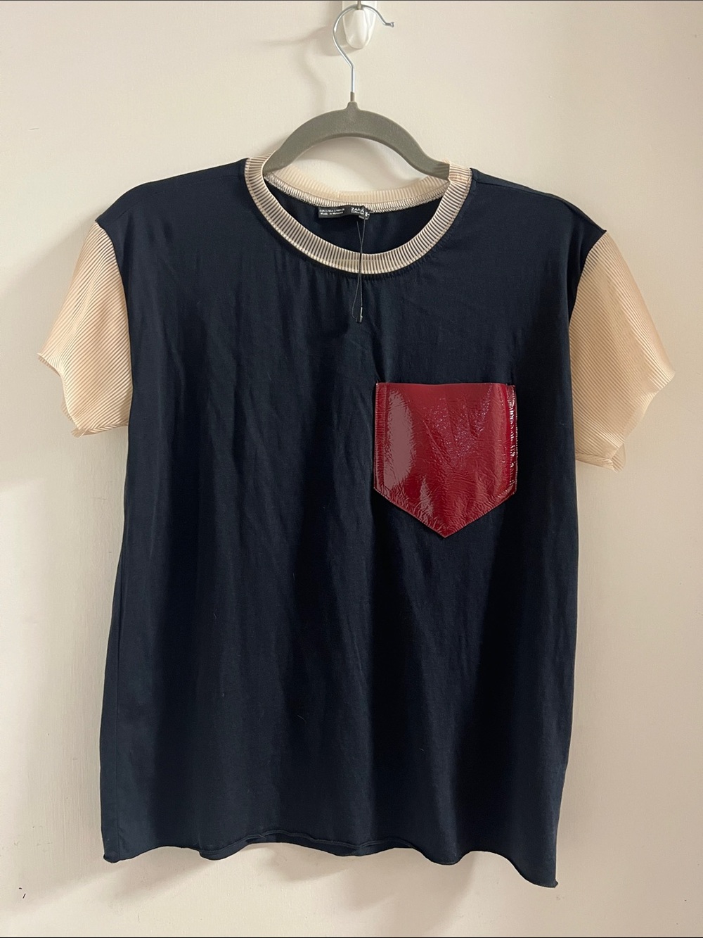 Zara Black & Nude Sheer Colorblock Top with Patent Red Pocket